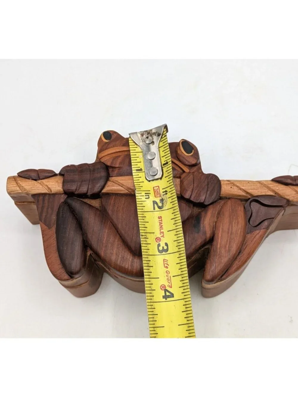 Vintage Wood Marquetry Tree Frog Puzzle Trinket Box Red Velvet Lining 7.5